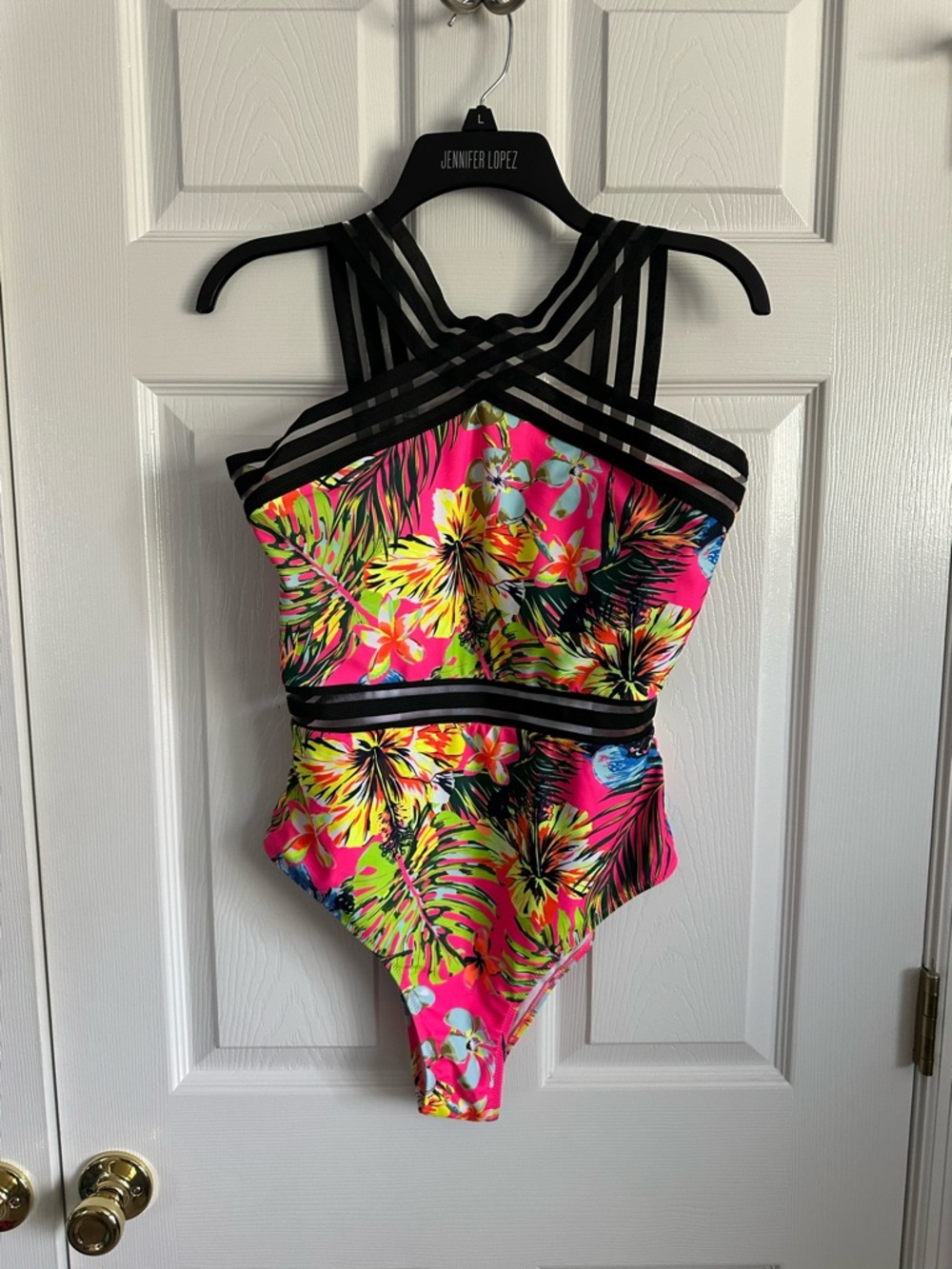 Women’s Tropical Neon Floral Strappy One-Piece Swimsuit
